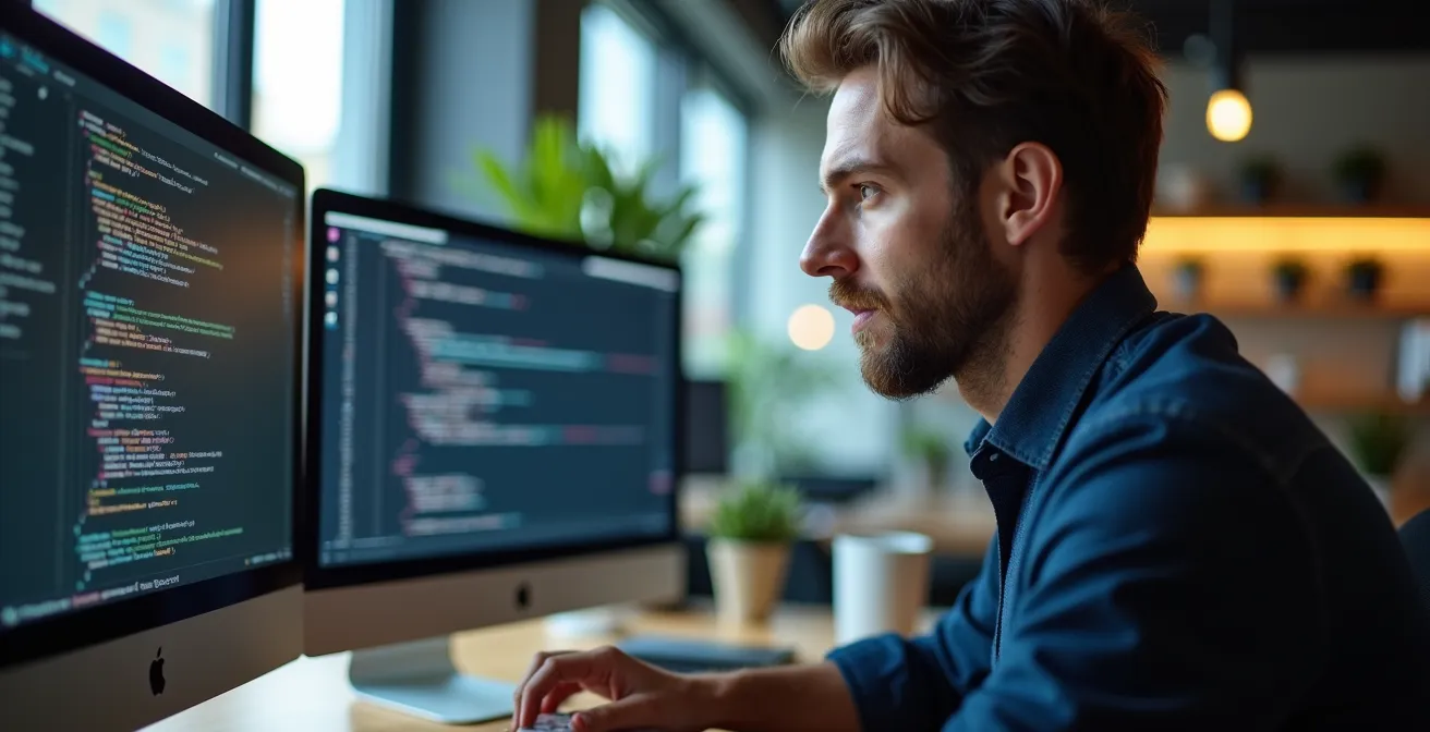 Developer using AI assistant for code generation in modern workspace