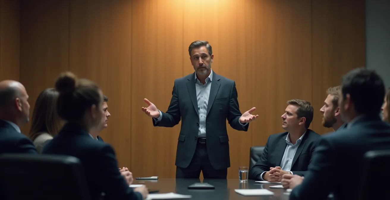 Executive leader speaking authentically to diverse team in open forum setting