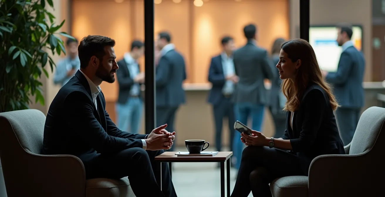 Quiet hotel lobby corner with professionals engaged in intimate conversation away from conference chaos