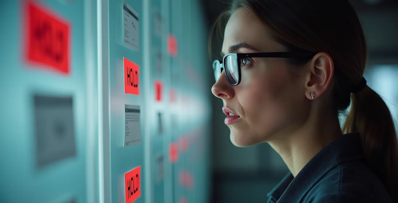 Office environment with frozen clock and suspended project boards symbolizing organizational pause