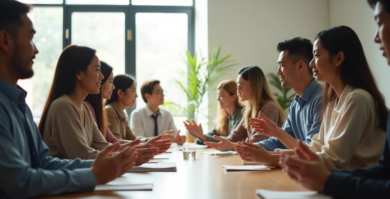 International business team using hand gestures and body language in respectful discussion