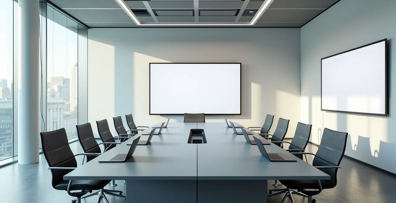 Modern conference room setup showing equal participation for remote and in-person attendees