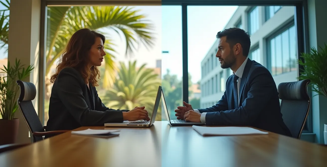 Split scene showing remote worker in two different tax environments