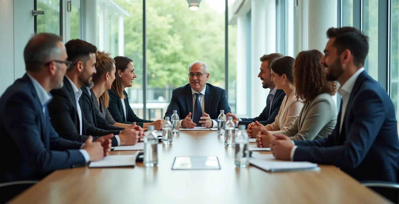 Executive team members collaborating around table with an empty leader's chair, symbolizing distributed leadership.