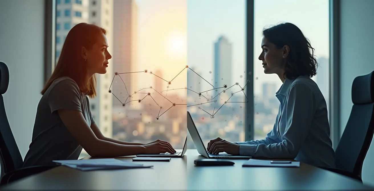 Professional couple with career pathways diverging and reconnecting