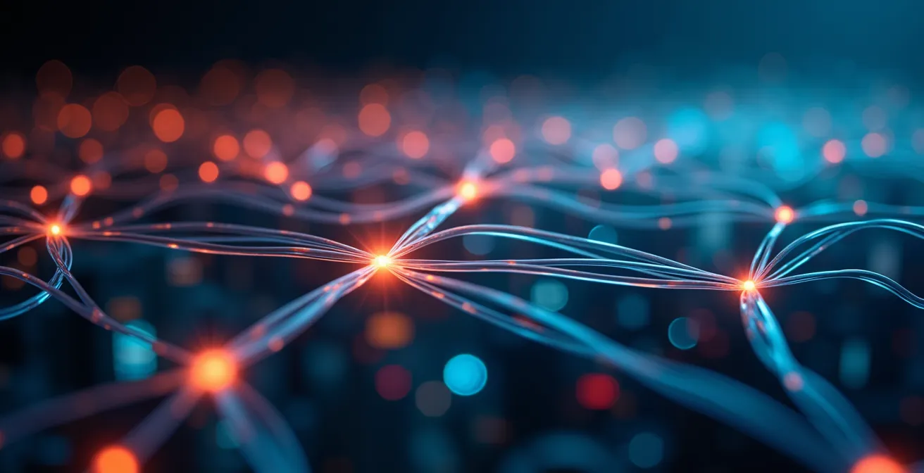 Macro shot of interconnected fiber optic cables representing global talent networks in emerging tech markets