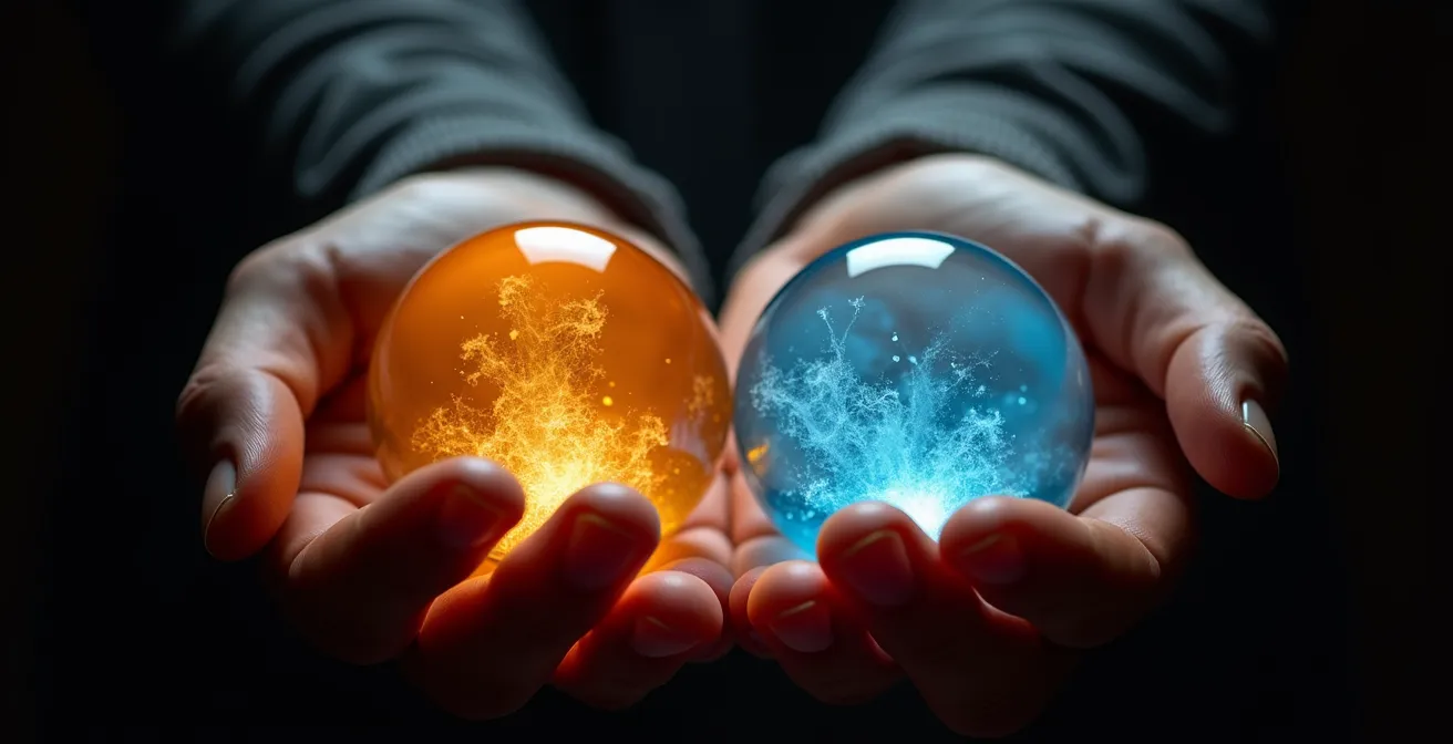 Manager balancing emotional resources represented through abstract light spheres