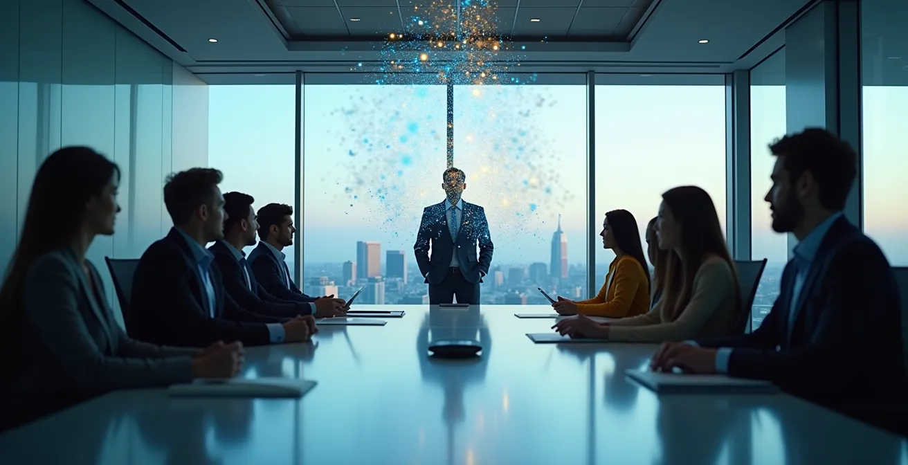 Leader analyzing team emotional data points in abstract visualization