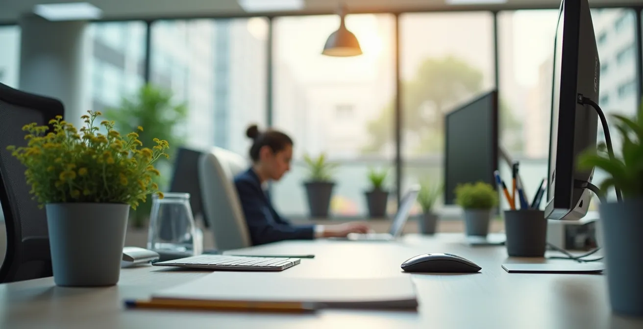 Empty desk workspace prepared for returning employee with welcoming setup