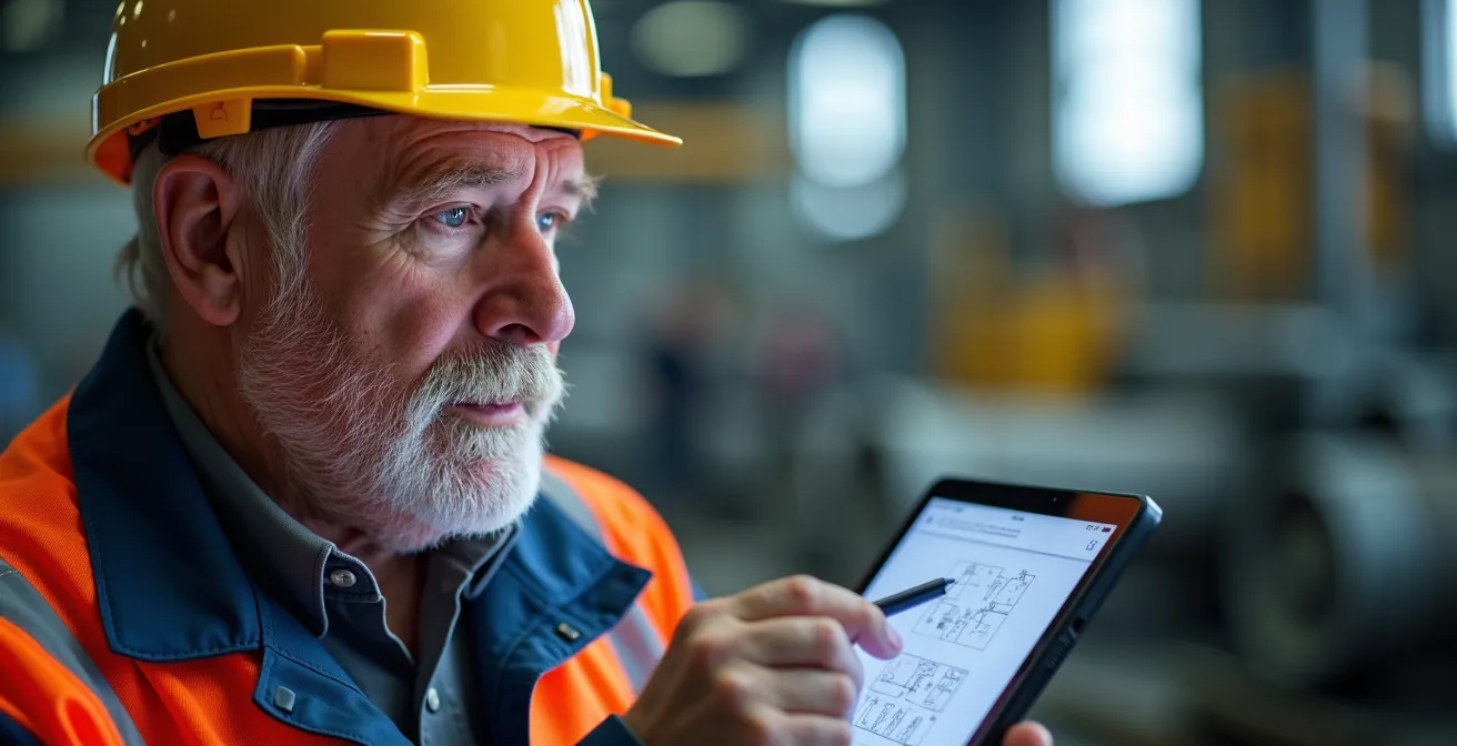 Engineer studying technical renewable energy certification materials in industrial setting