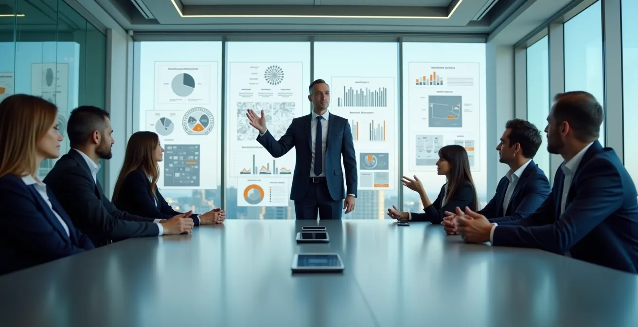 Professional in modern boardroom presenting strategic business case with confidence