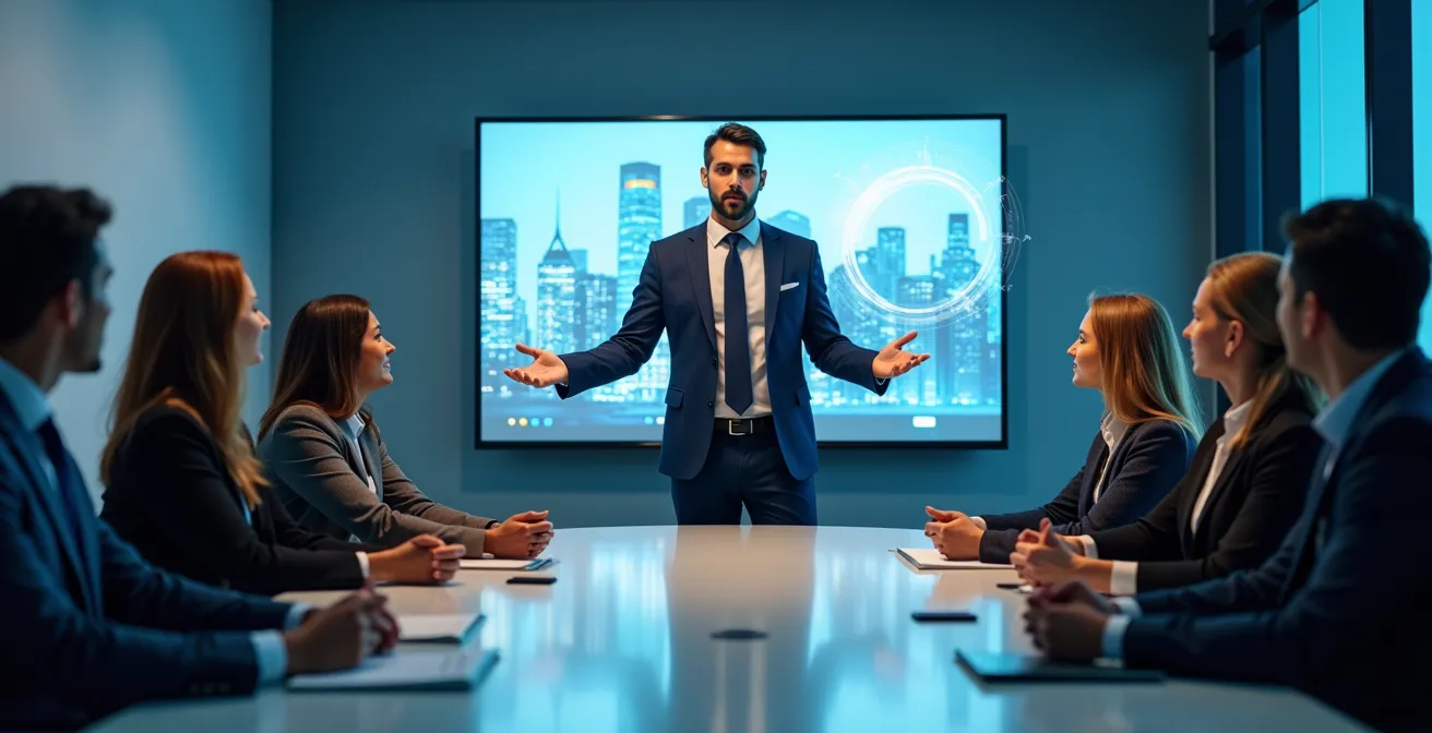 Professional presenting data visualization to board members in modern conference room