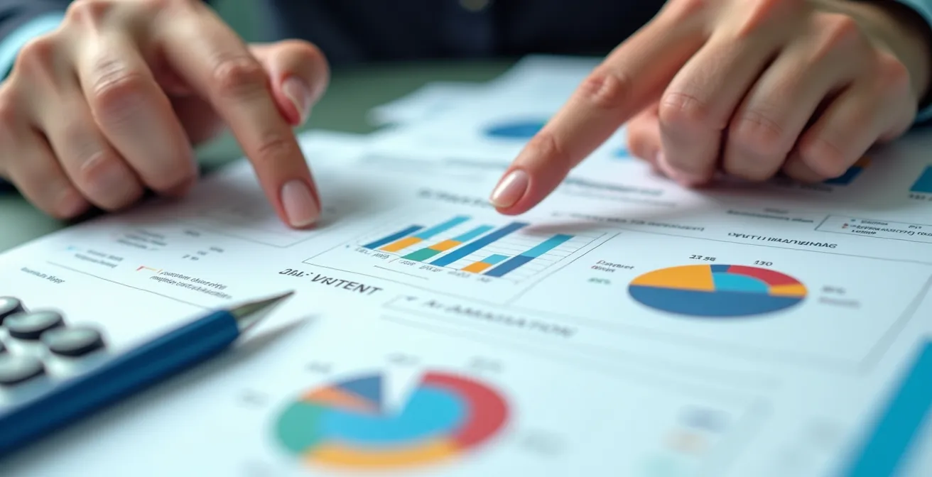 Close-up of hands reviewing financial charts and compensation structures for executive negotiation.