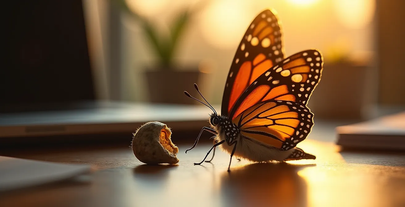 Abstract representation of professional transformation through butterfly metamorphosis