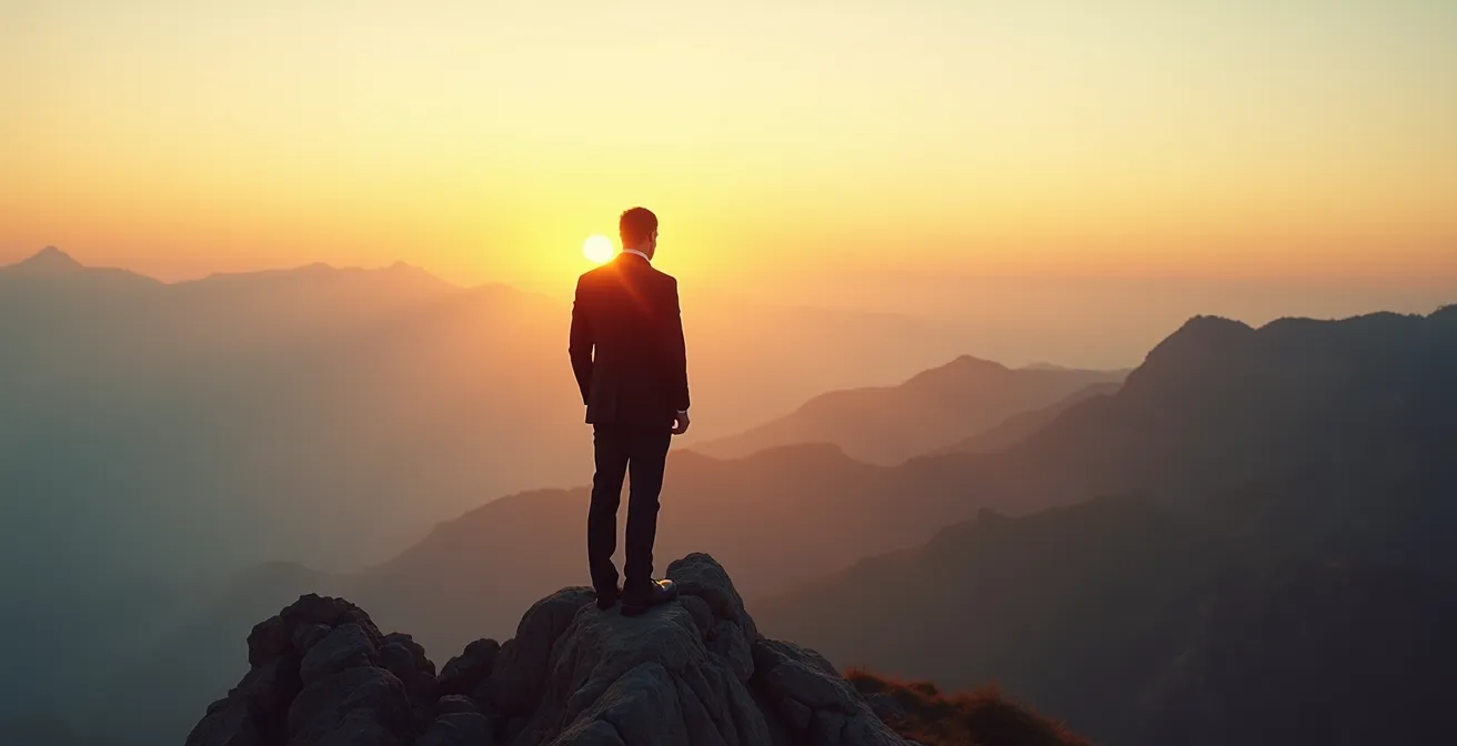 Solitary figure at mountain summit representing executive isolation