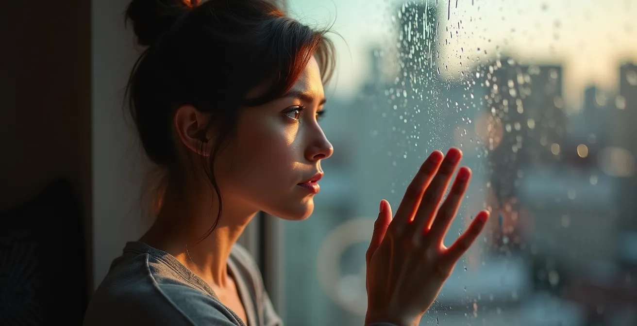 Close-up portrait of person experiencing mixed emotions during cultural adaptation