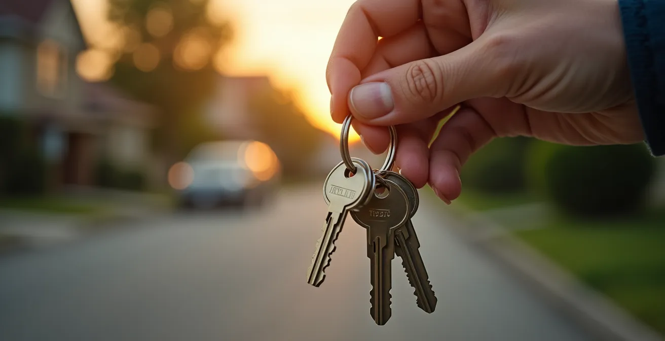 Macro shot of house keys with blurred neighborhood background