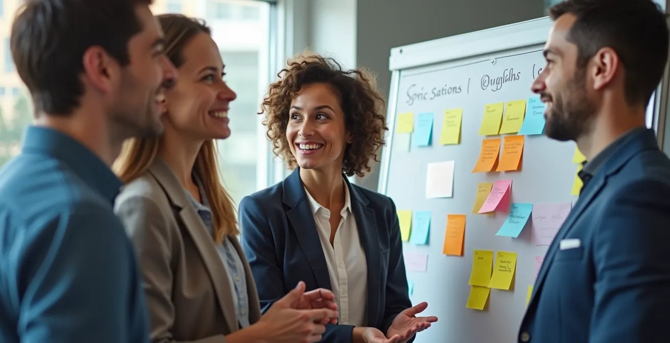 Fintech team gathered around sprint planning board in modern office setting