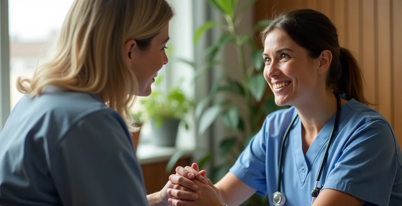 A compassionate healthcare worker provides comfort and care to a patient, highlighting the importance of human connection.