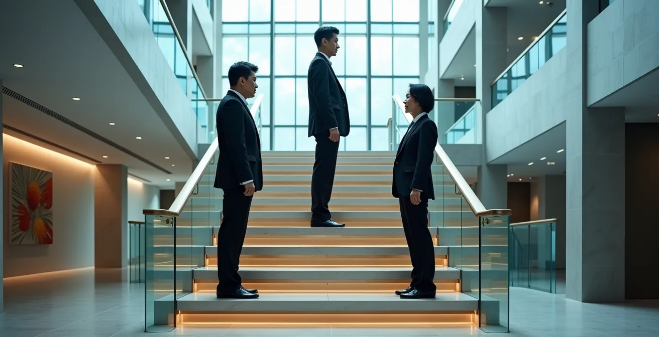 Asian business professionals demonstrating a respectful bow on a modern staircase, symbolizing hierarchy in a corporate setting.