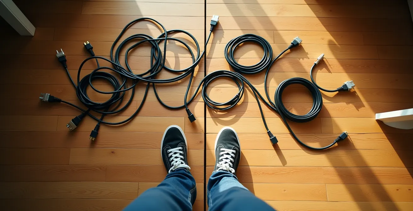Overhead view of organized home office showing proper cable management and clear walkways