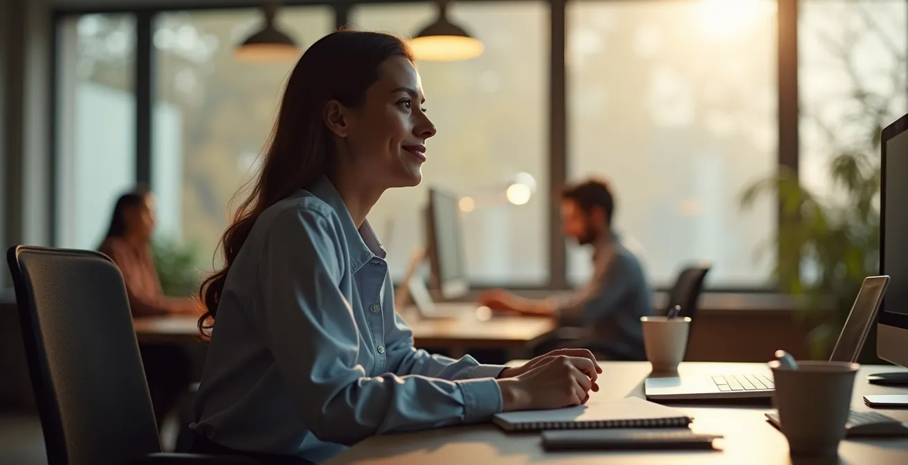 A professional focused on their work in a calm, non-competitive environment, representing intrinsic motivation.