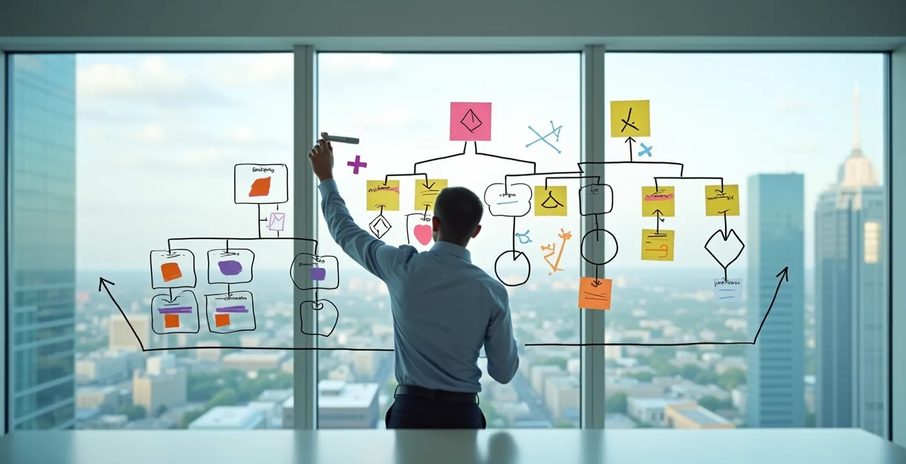 Professional comparing job titles across different documents with abstract organizational charts