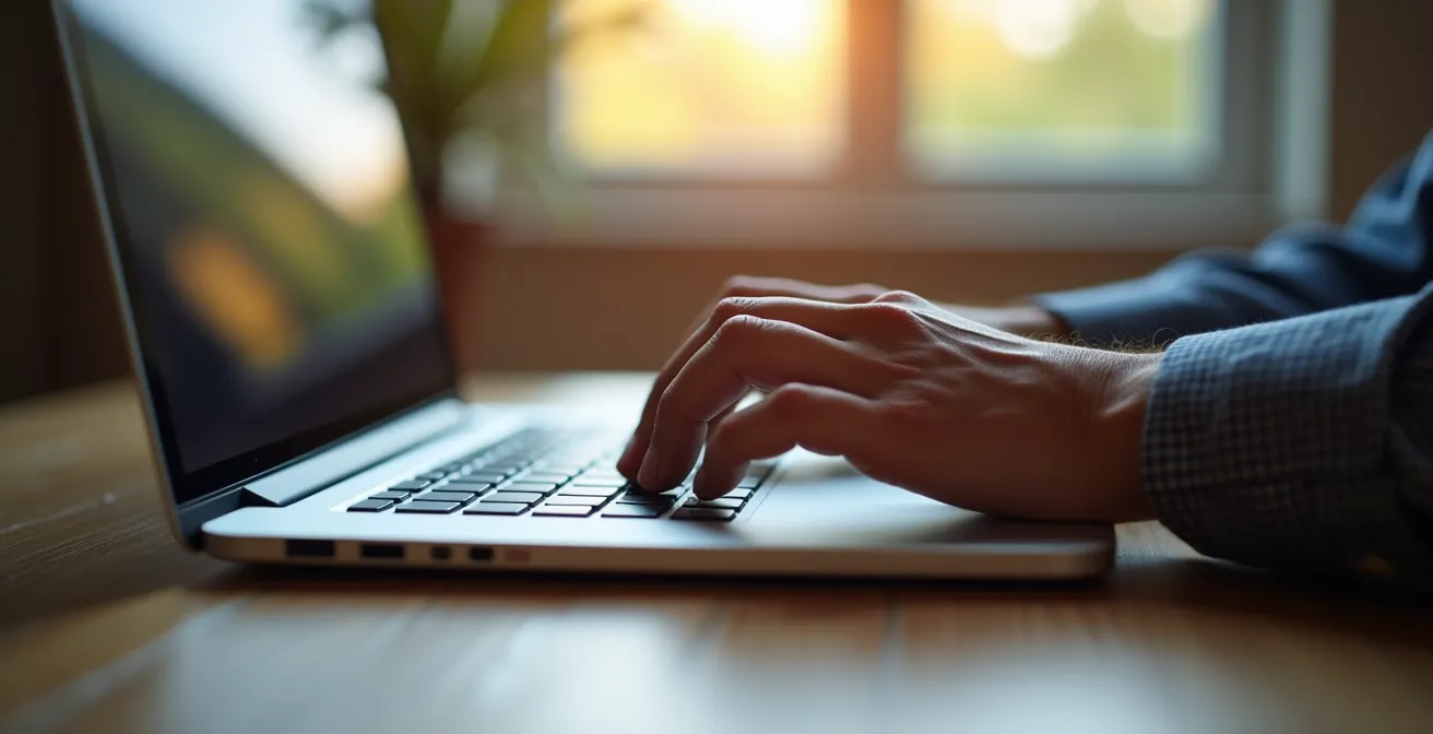 Professional updating digital portfolio on laptop in modern workspace