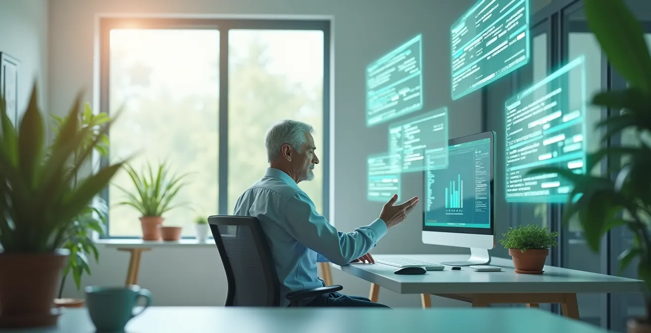 Mature professional in a minimalist workspace with abstract holographic code patterns