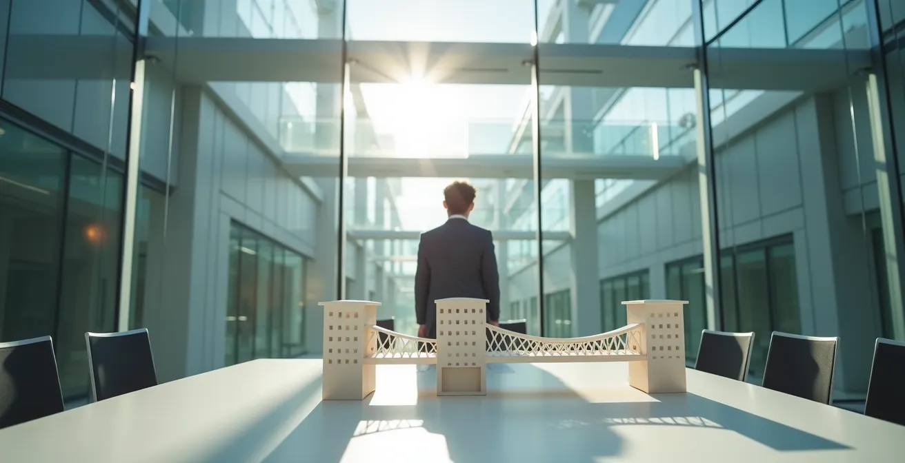 Professional connecting two separate corporate buildings with architectural bridge model