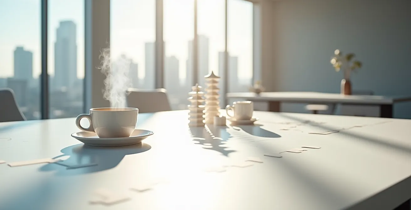 Wide shot of modern minimalist workspace suggesting data analysis and strategic thinking environment