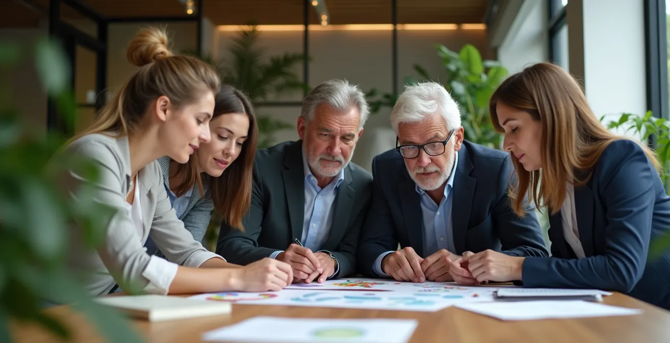 Different generations working together on a shared project in modern workspace