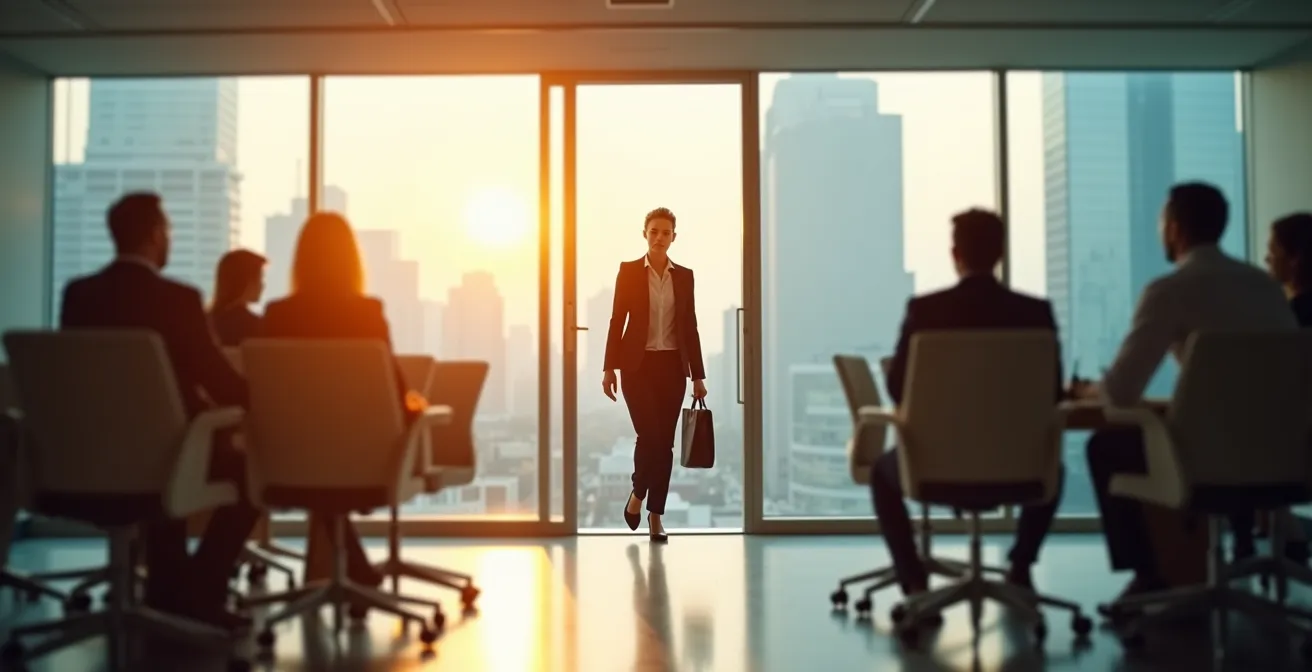 A determined professional stepping into a brightly lit, empty executive chair in a modern conference room during a corporate restructuring.