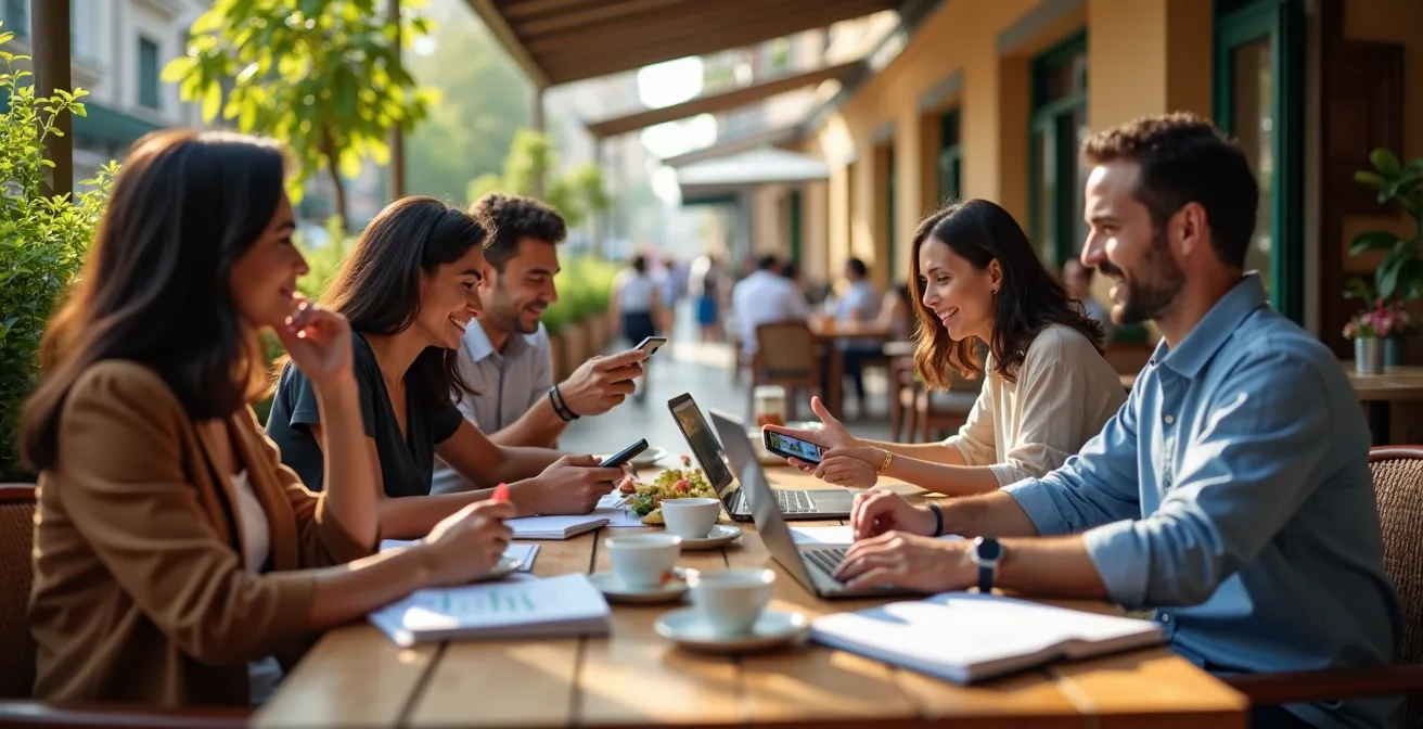 Business professionals in a relaxed outdoor café setting, mixing work discussion with social interaction, demonstrating a polychronic culture.