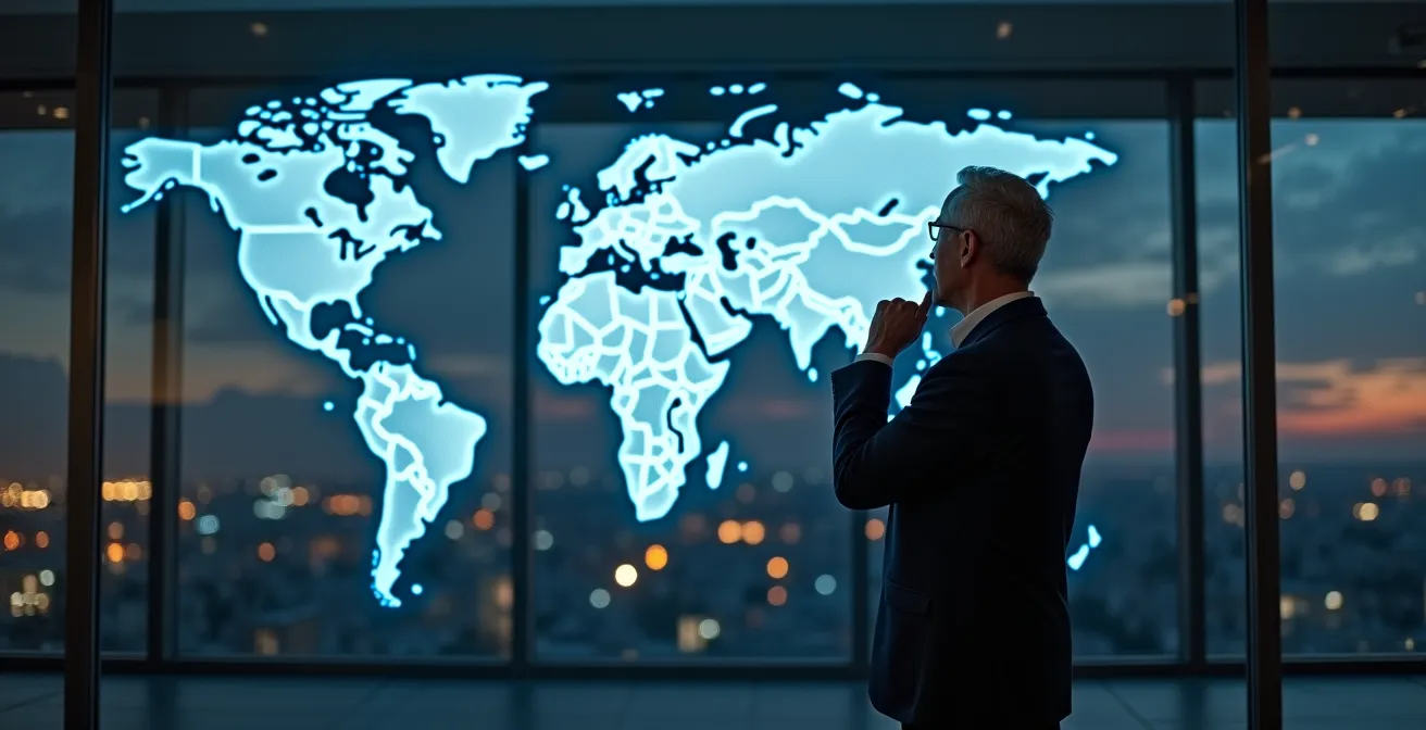 Executive studying world map with strategic markers in modern office