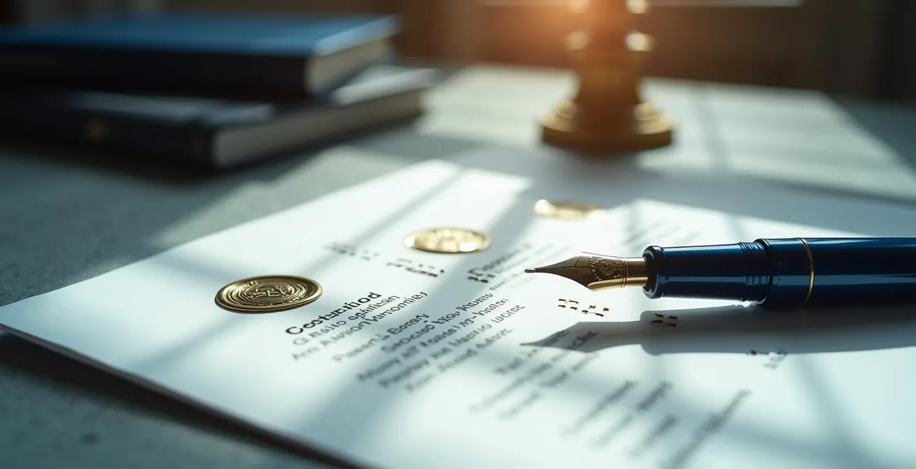 An abstract and professional arrangement of elements symbolizing language certification and validation.