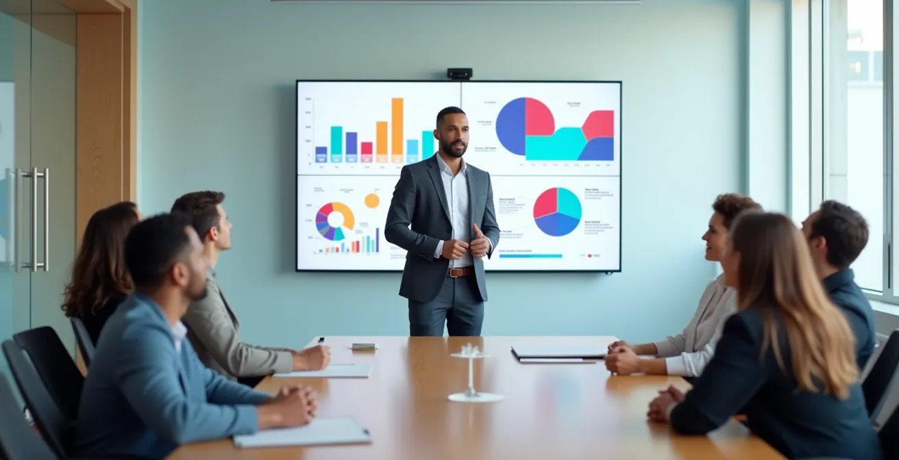 Professional presenting ROI analysis to management in meeting room