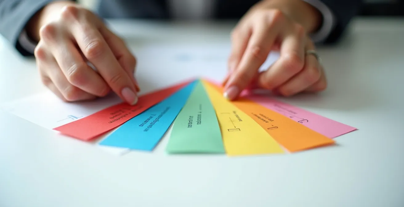 Close-up of hands arranging color-coded paper strips representing resume sections in strategic order
