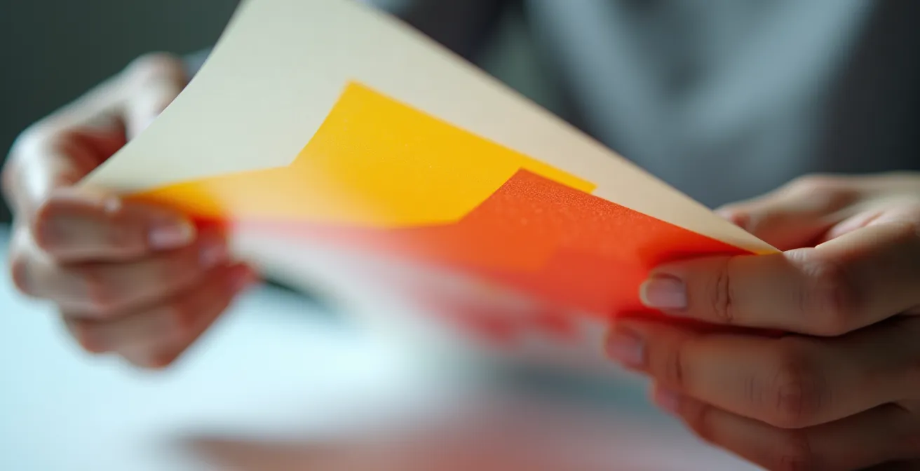 Hands holding a translucent document showing multiple highlighting layers from light to bold