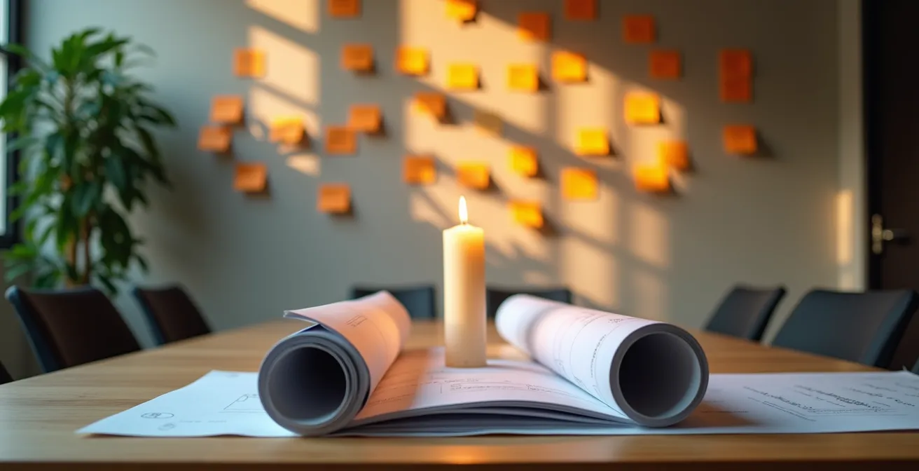 Team celebrating learnings from a concluded project by placing sticky notes with lessons on a wall.