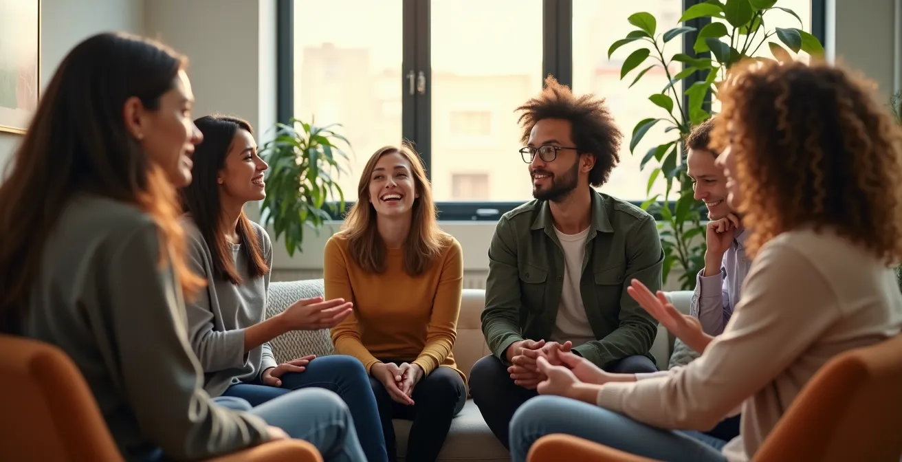Diverse team members sitting in circle during retrospective meeting with open body language