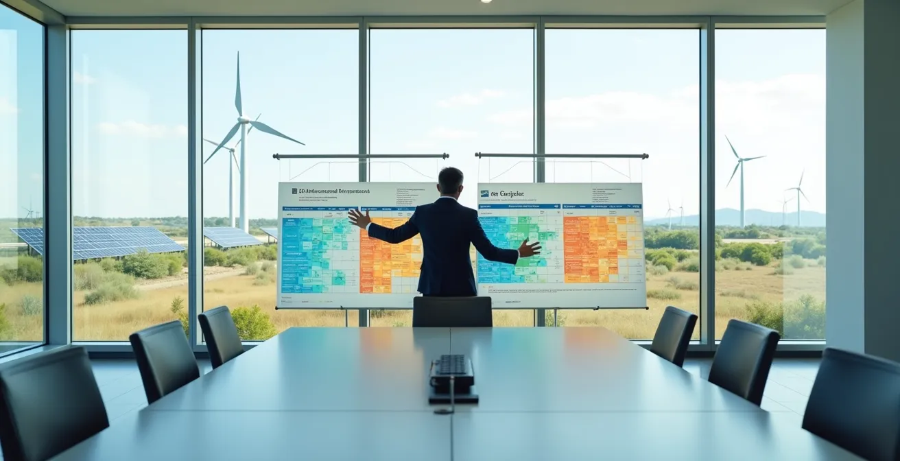 Project manager reviewing renewable energy development phases on digital displays