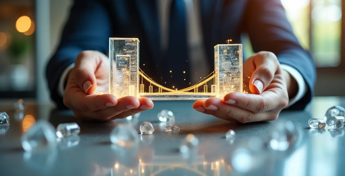 Professional reviewing contract clauses with symbolic elements of career continuity