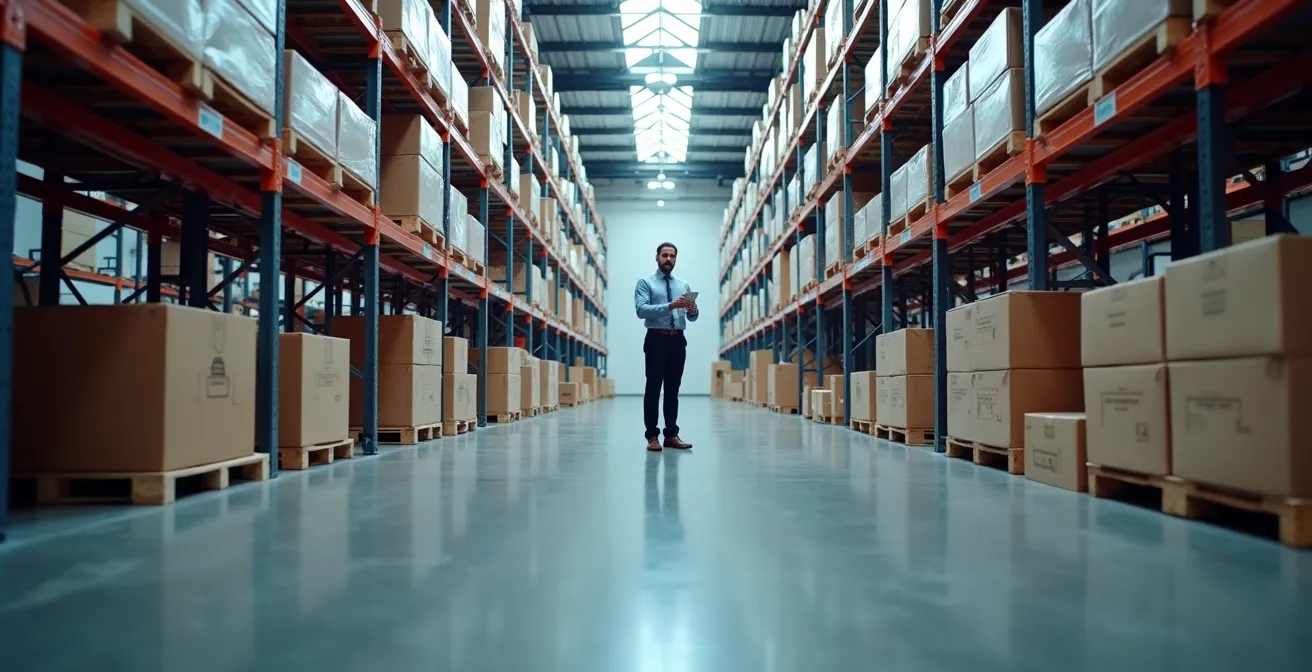 Warehouse worker using RFID scanner with IoT sensors in background