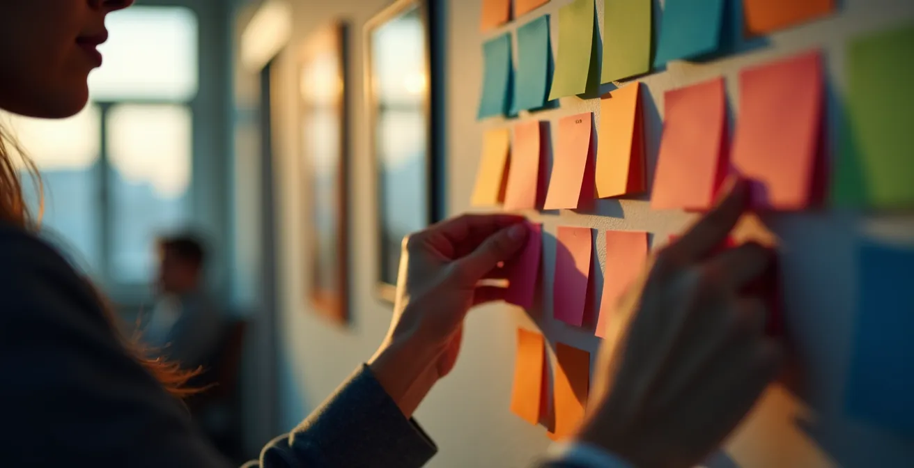 Team member pointing at priority matrix on wall with colored cards