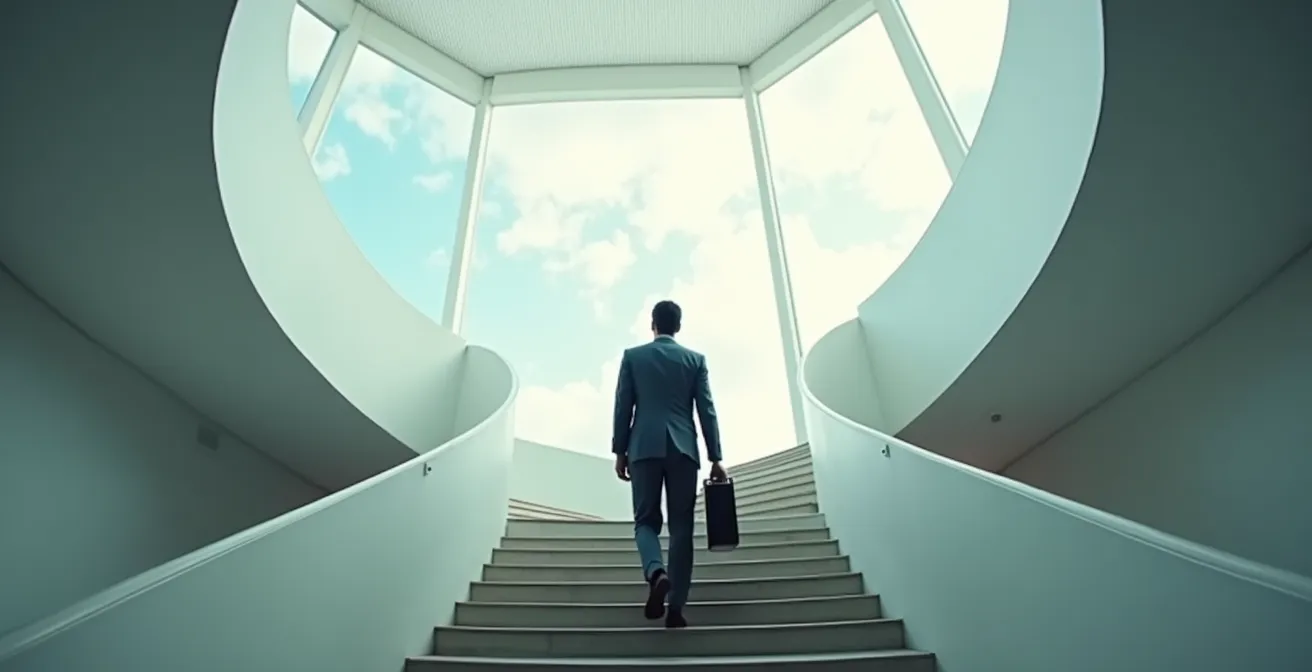 An employee ascending a modern spiral staircase, representing career growth and opportunity during a period of change.
