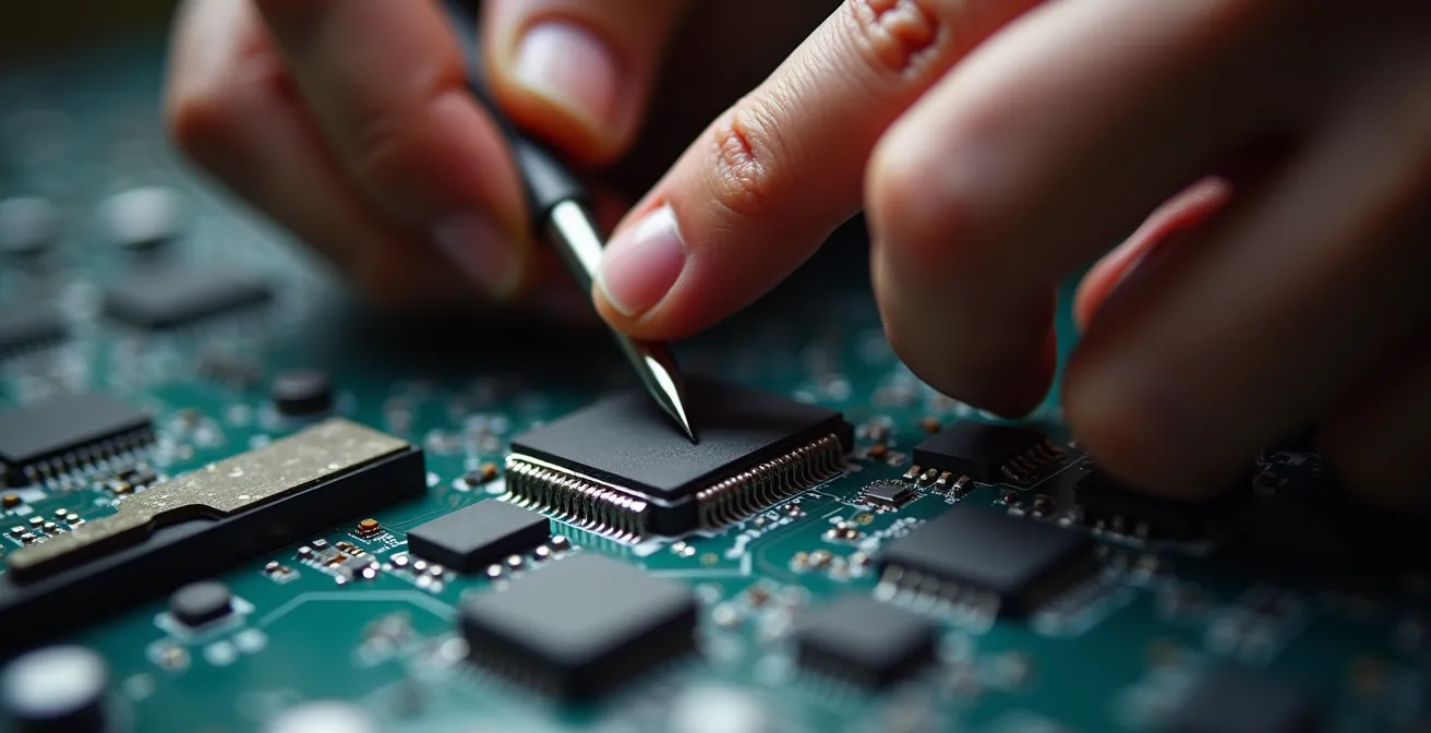 A close-up of a professional's hands engaged in precise technical work, symbolizing the value of hard skills.