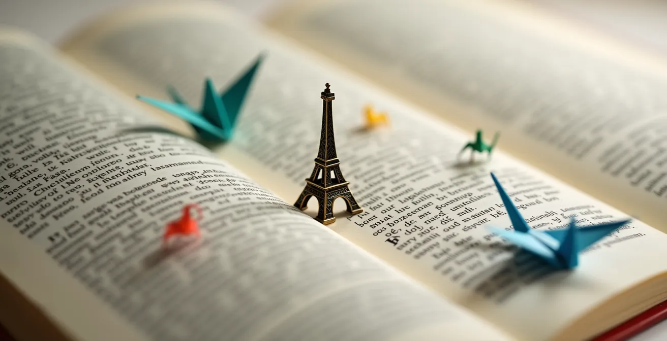 Extreme close-up of overlapping dictionary pages and cultural symbols, representing the complexity of translation and cultural context.