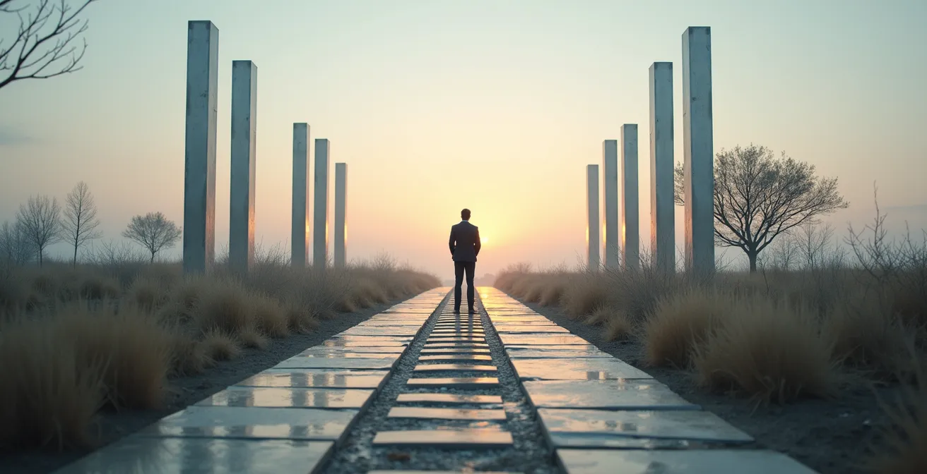 A business leader stands at a stark crossroads, contemplating a path toward metallic corporate structures and another toward natural, values-driven elements.