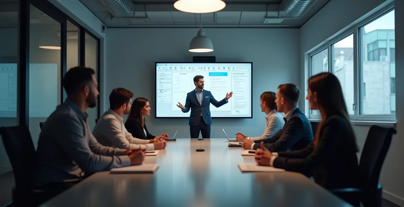 Local team leader presenting via video conference to headquarters executives